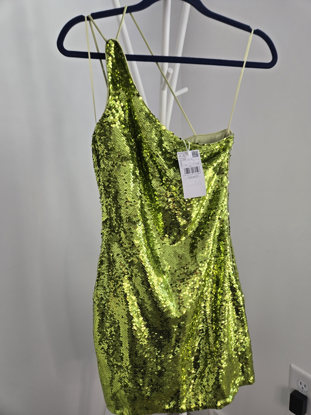 MANGO Sparkling Lime Sequin One-Shoulder Mini Dress
